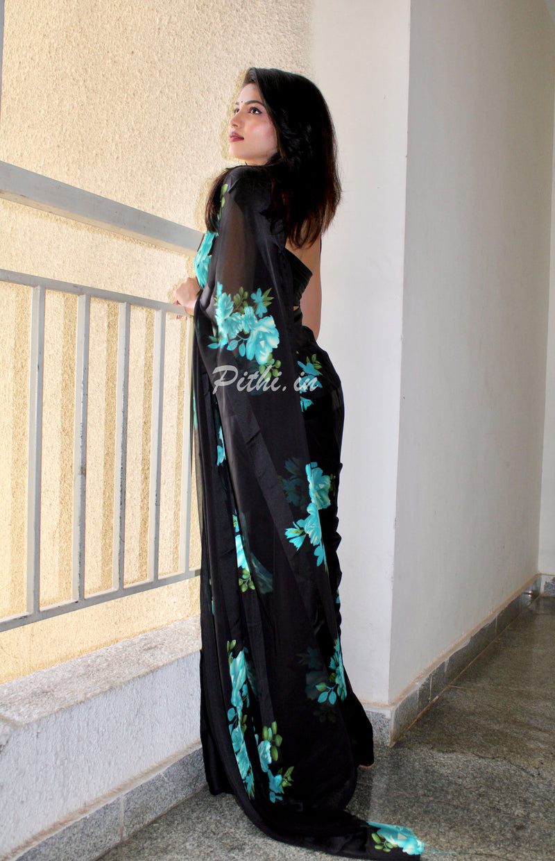 Black Saree With Floral Print