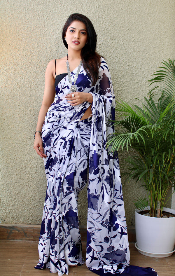 White And Blue Floral Printed Georgette Saree