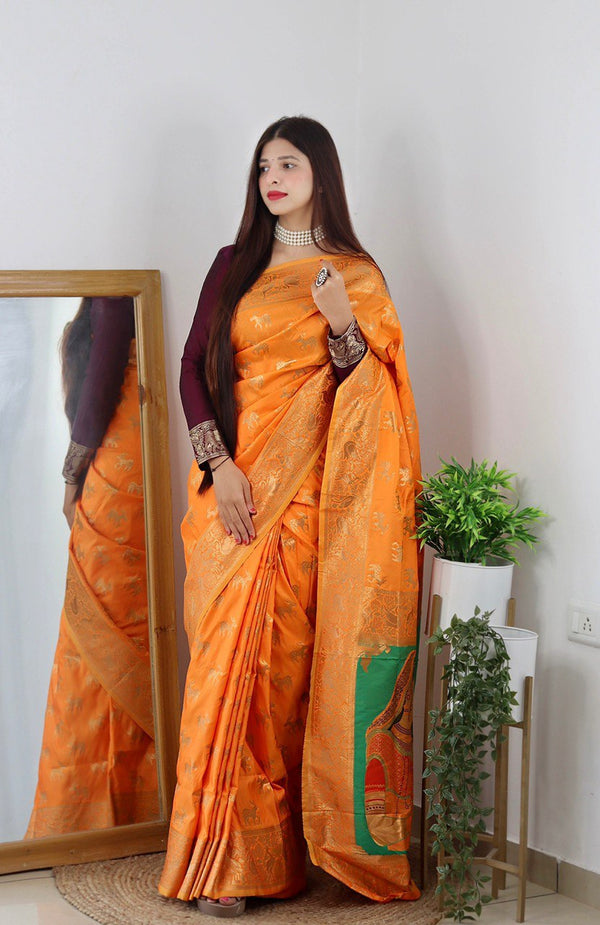 Orange Floral Print Silk Saree