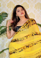 Yellow Printed Saree With Satin Patta