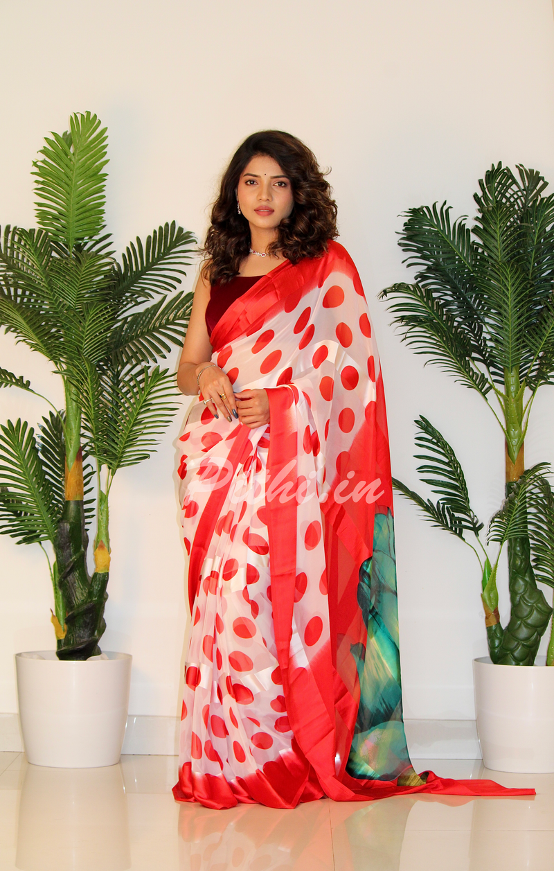 Red Nd White Georgette Saree With Satin Patta