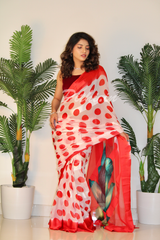Red Nd White Georgette Saree With Satin Patta