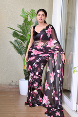 Black Nd Pink Georgette Saree With Satin Patta