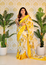 Yellow Georgette Saree With Satin Patta