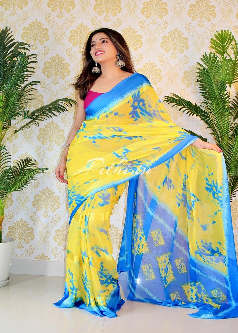 Yellow Nd Sky Georgette Saree With Satin Patta