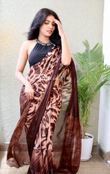 Black And Brown Georgette Saree With Satin Patta
