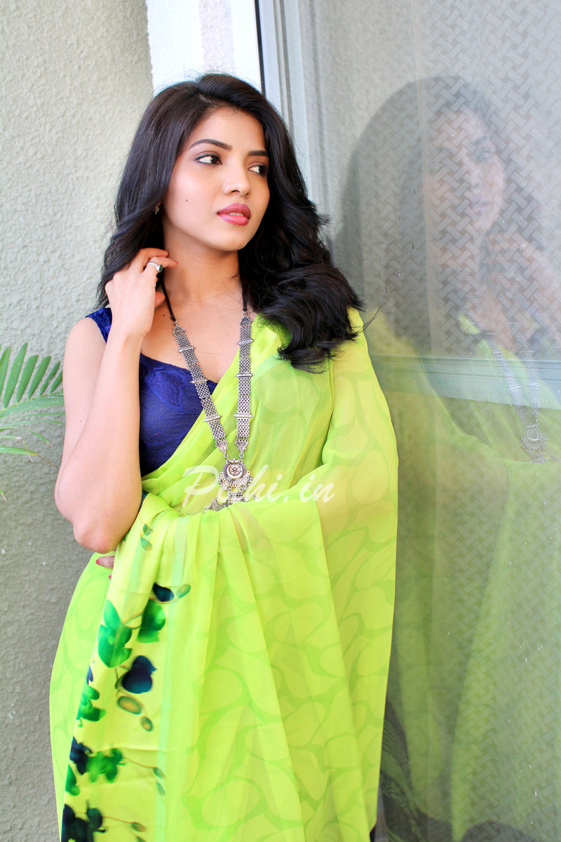 Light Green Georgette Saree With Floral Print