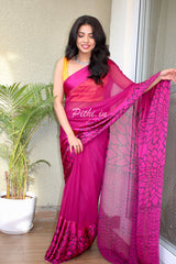 Dark Pink Printed Saree With Satin Patta