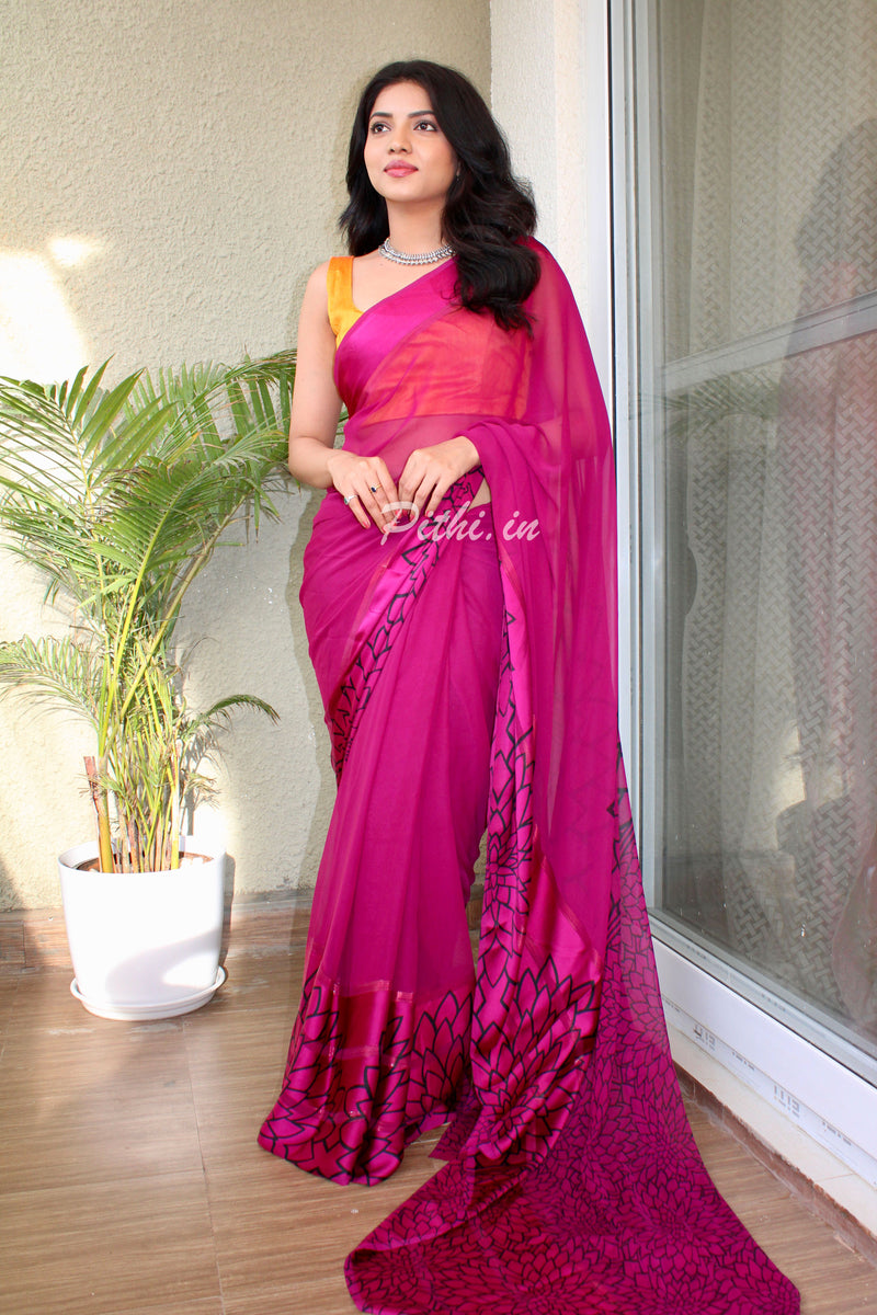 Dark Pink Printed Saree With Satin Patta