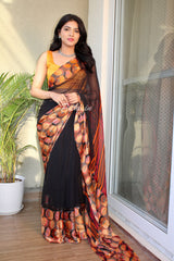 Black Saree With Printed Pallu