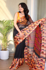 Black Saree With Printed Pallu