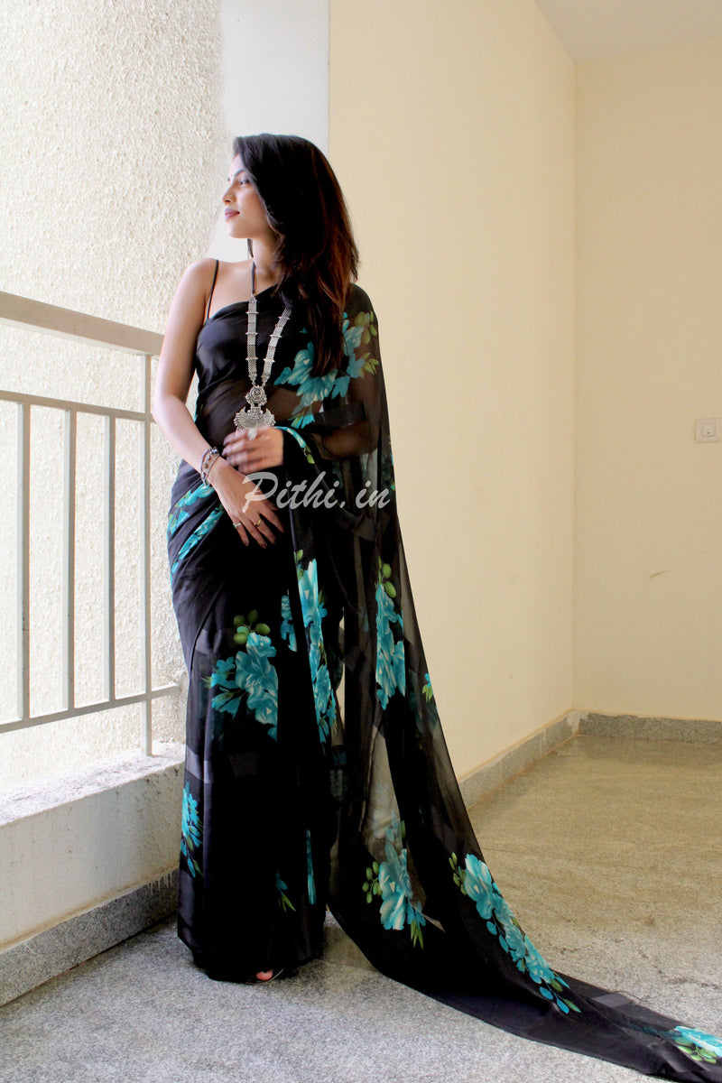 Black Saree With Floral Print