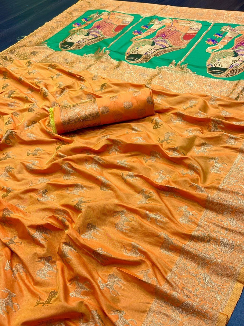 Orange Floral Print Silk Saree