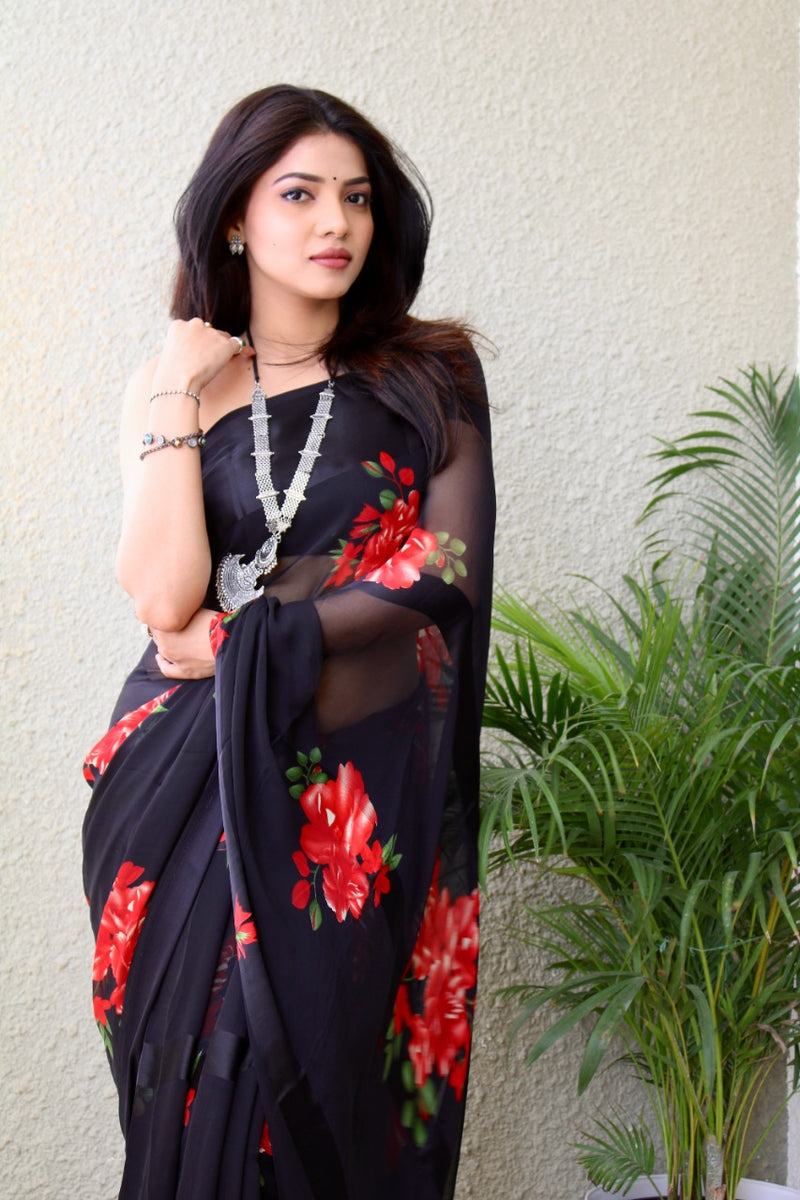 Black Georgette Saree With Floral Print – Designer Pithi