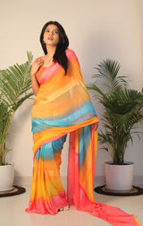 Yellow Georgette Saree With Dual Shade