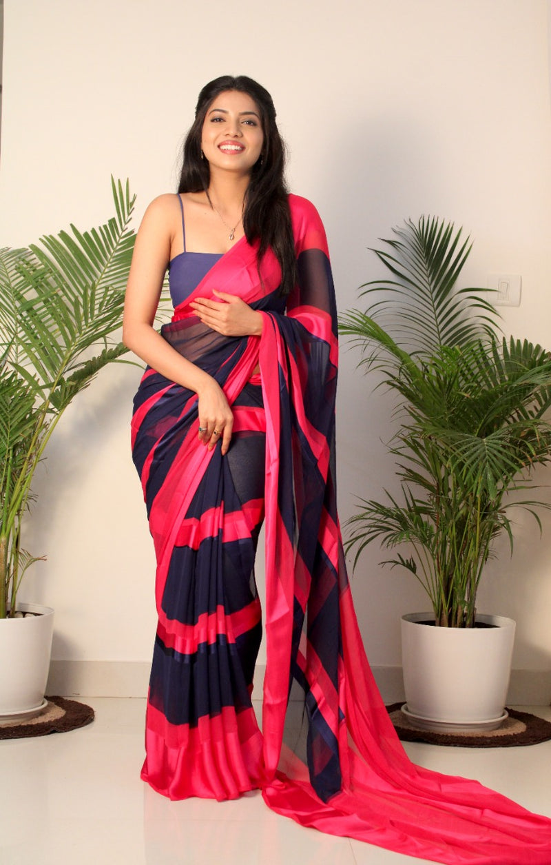 Pink And Navy Blue Georgette Saree