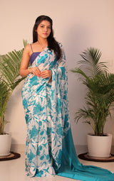 Blue And White Printed Georgette Saree