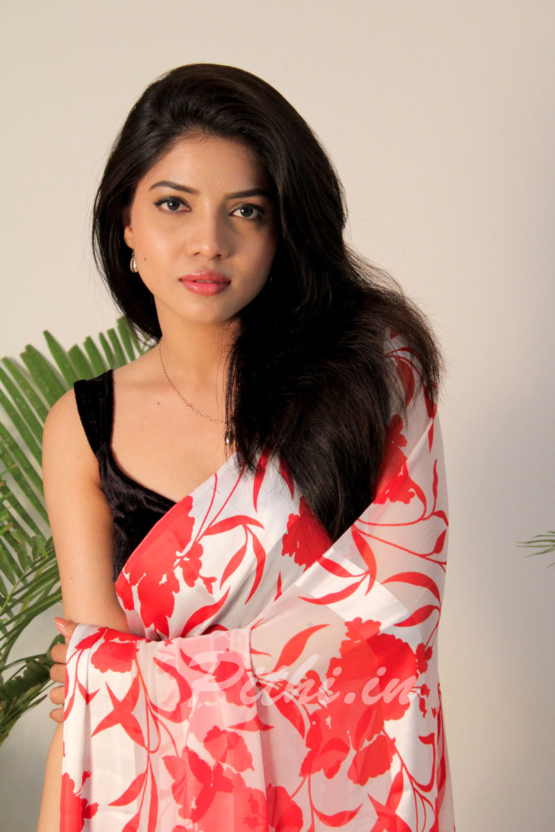 Red And White Printed Georgette Saree