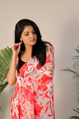 Red And White Printed Georgette Saree
