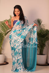 Blue And White Printed Georgette Saree