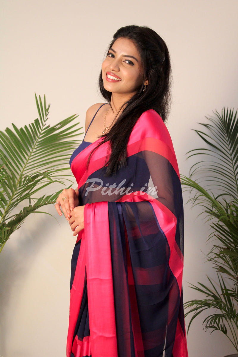 Pink And Navy Blue Georgette Saree